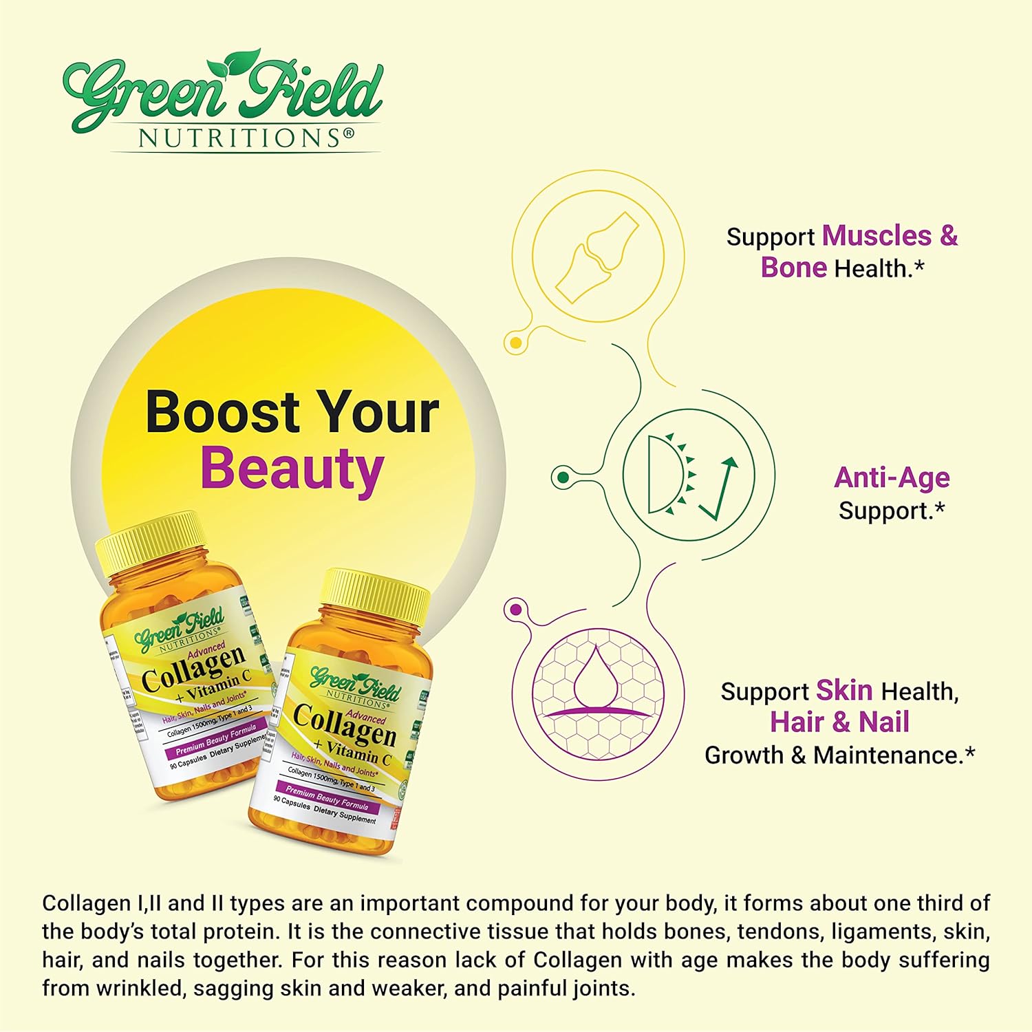 Halal Collagen Peptides with Vitamin C 1500mg - Anti-Aging Formula for Hair, Skin, Nails, and Joints - 90 Capsules by Greenfield Nutritions