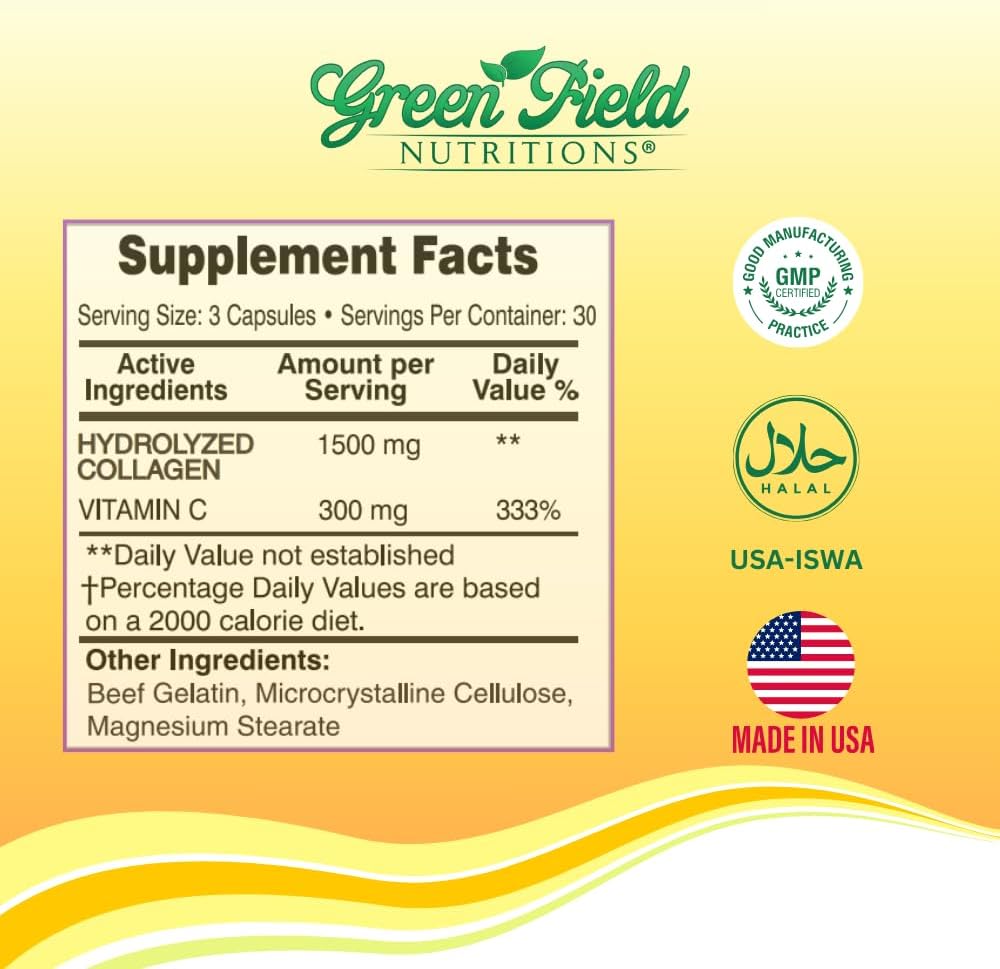 Halal Collagen Peptides with Vitamin C 1500mg - Anti-Aging Formula for Hair, Skin, Nails, and Joints - 90 Capsules by Greenfield Nutritions