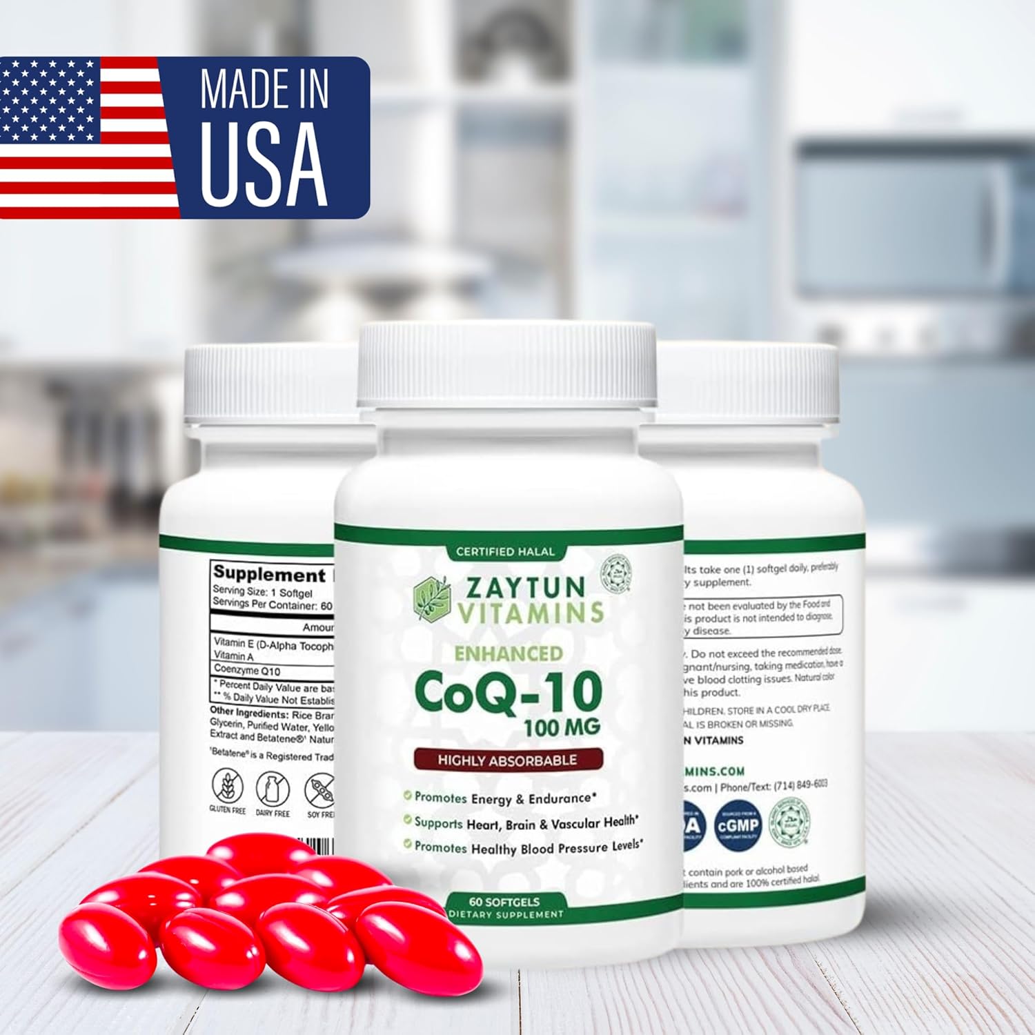 Halal CoQ10 Softgels for Heart Health Support and Energy Production - 60 Mini Softgels, Made in USA