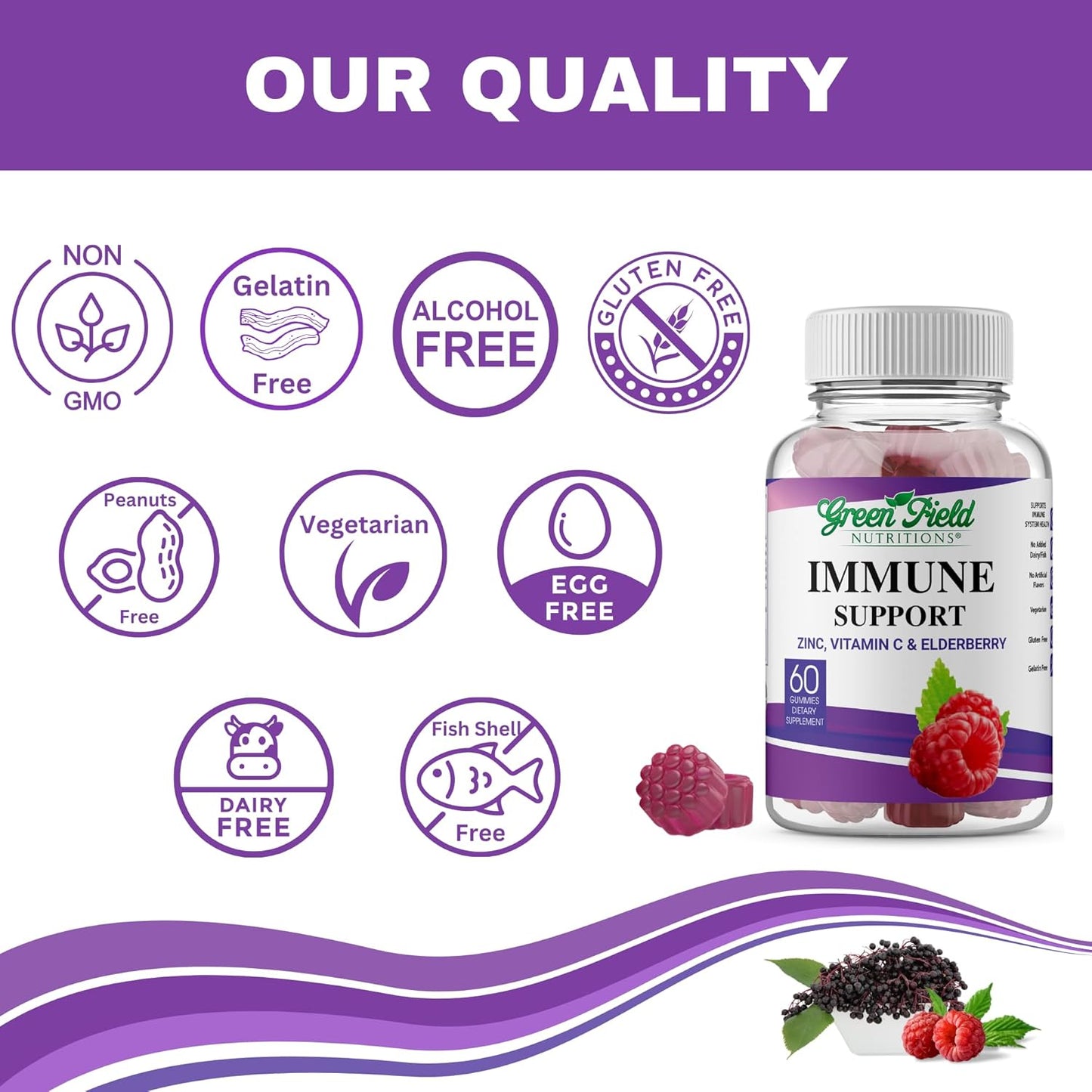Halal Elderberry Gummies for Adults - Immune Support with Halal Zinc and Vitamin C - 60 Mixed Berry Gummies by Greenfield Nutritions