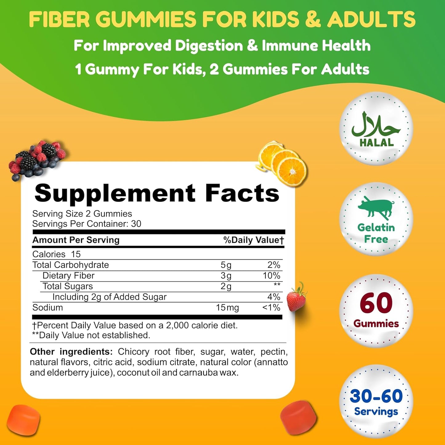 Halal & Gluten Free Fiber Gummies for Kids & Adults | 3g per Serving, 60 Gummies | Boosts Digestive Health & Immunity with Vegan Prebiotic | Non-GMO & Gelatin-Free