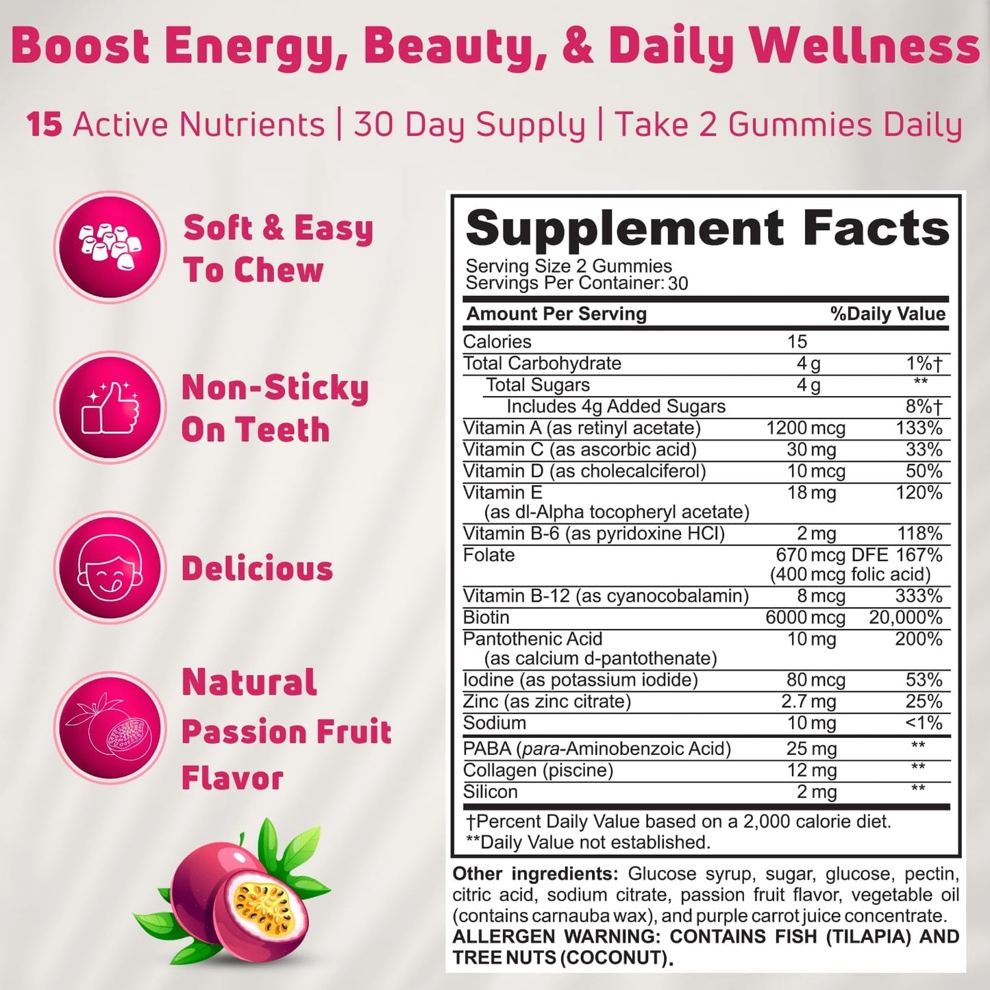 Halal Hair Skin and Nails Multivitamin Gummies with Biotin & Collagen for Women & Men - 30 Servings - BoostGo Australia