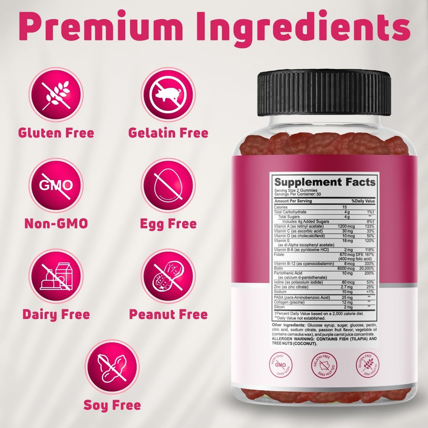 Halal Hair Skin and Nails Multivitamin Gummies with Biotin & Collagen for Women & Men - 30 Servings - BoostGo Australia