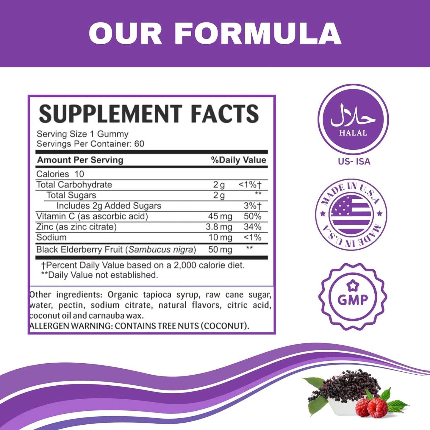 Halal Immune Support Elderberry Gummies for Kids - Natural Zinc and Vitamin C - 60 Delicious Halal Gummy Vitamins for Children