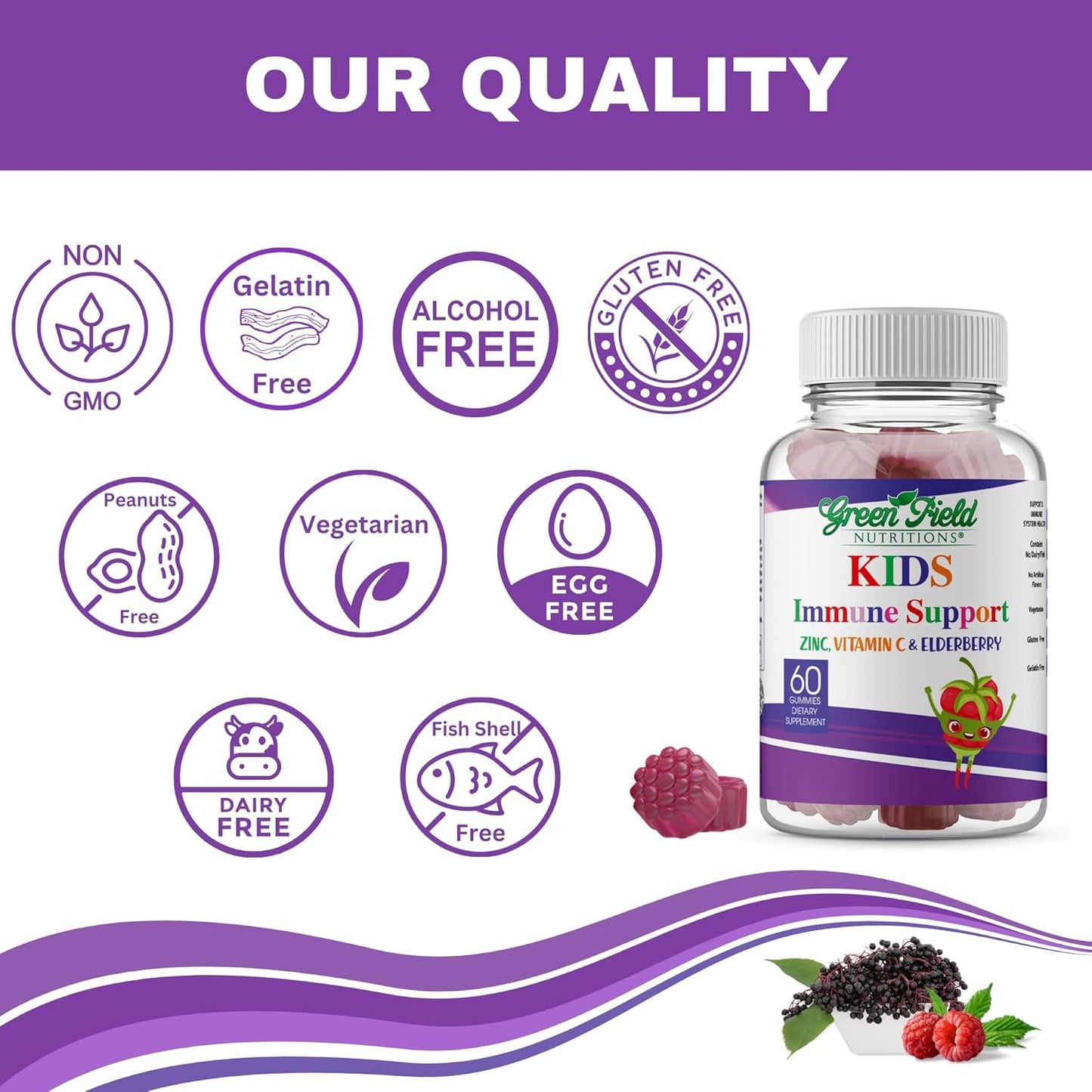 Halal Immune Support Elderberry Gummies for Kids - Natural Zinc and Vitamin C - 60 Delicious Halal Gummy Vitamins for Children