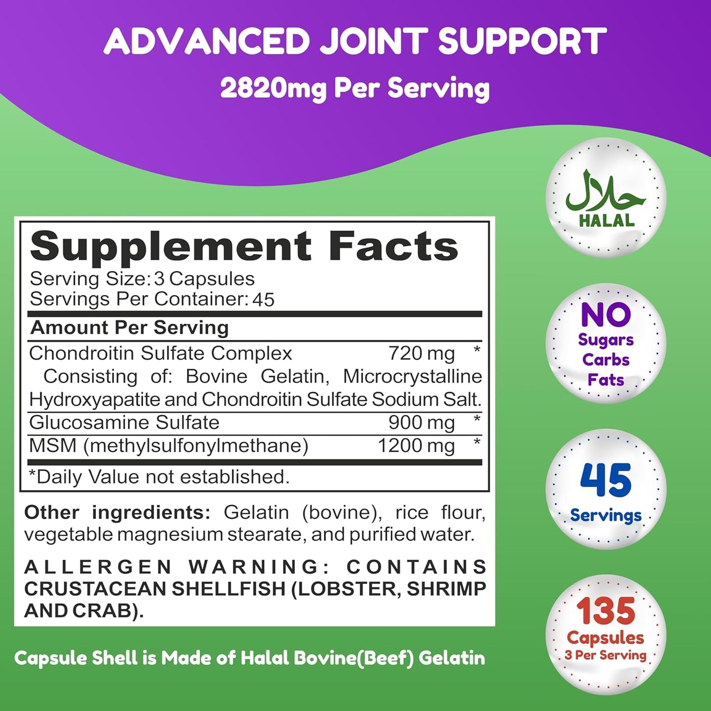 Halal Joint Support Supplement for Men & Women - Glucosamine Chondroitin MSM for Mobility, Cartilage Repair & Pain Relief - Non-GMO, Gluten-Free - 135 Capsules