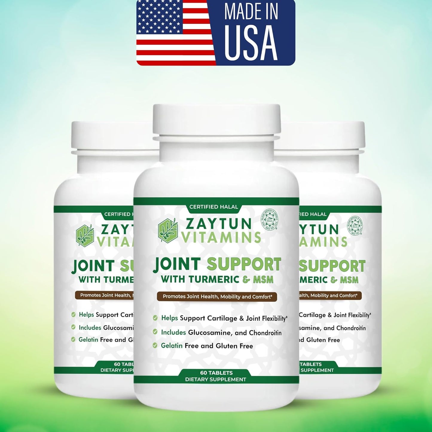 Halal Joint Support Vitamins with Turmeric & Glucosamine for Mobility & Flexibility - 1 Month Supply, Gluten-Free, Gelatin-Free, Made in USA