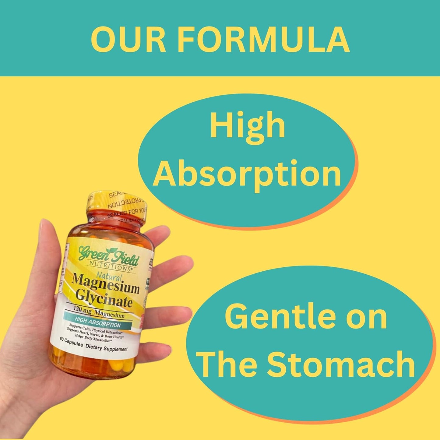 Halal Magnesium Glycinate Capsules - 120mg Pure Supplement for Nerve, Heart, Bones & Muscles - Gluten Free - Greenfield Nutritions