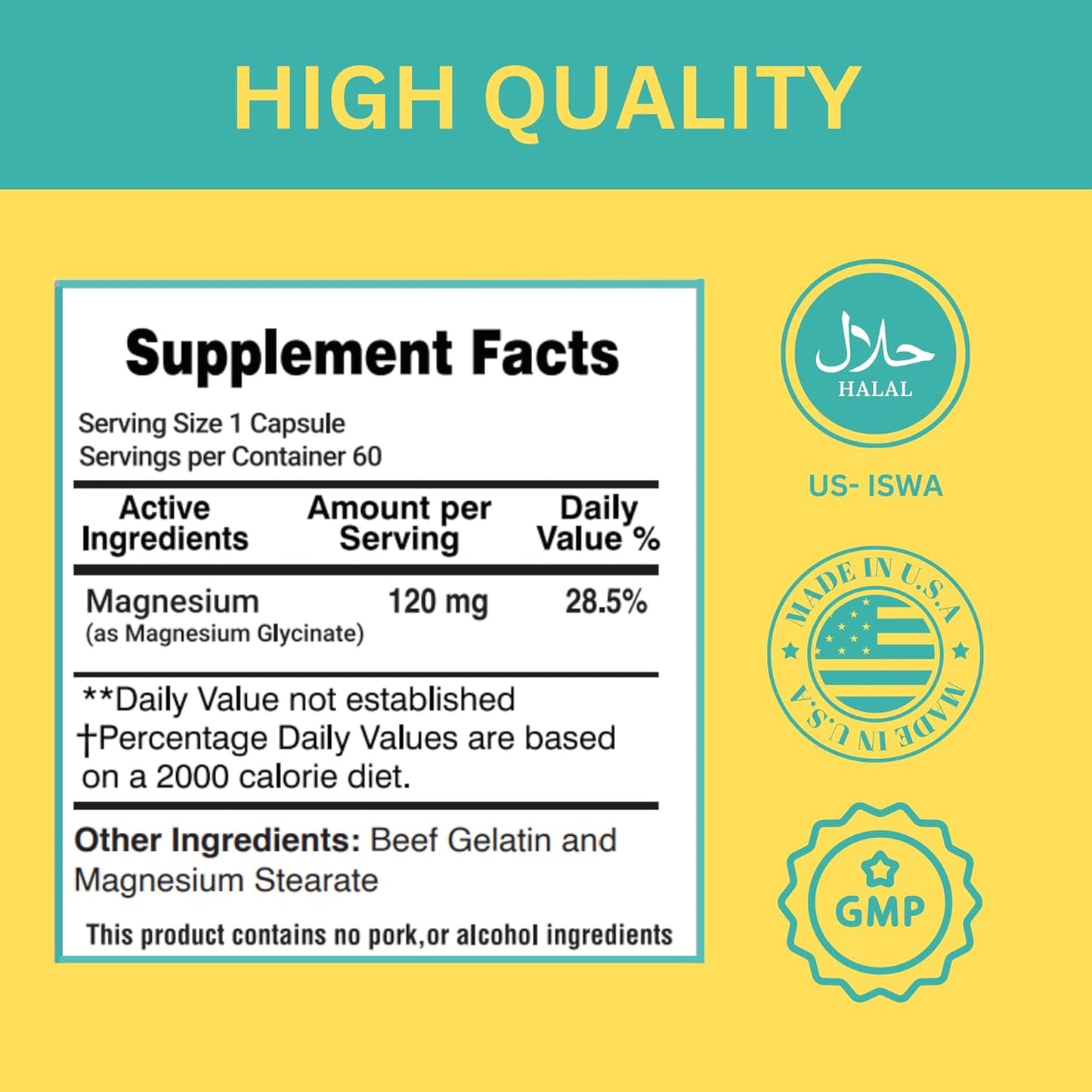 Halal Magnesium Glycinate Capsules - 120mg Pure Supplement for Nerve, Heart, Bones & Muscles - Gluten Free - Greenfield Nutritions
