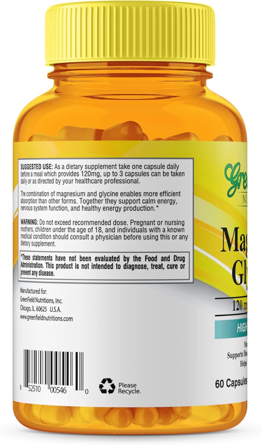 Halal Magnesium Glycinate Capsules - 120mg Pure Supplement for Nerve, Heart, Bones & Muscles - Gluten Free - Greenfield Nutritions