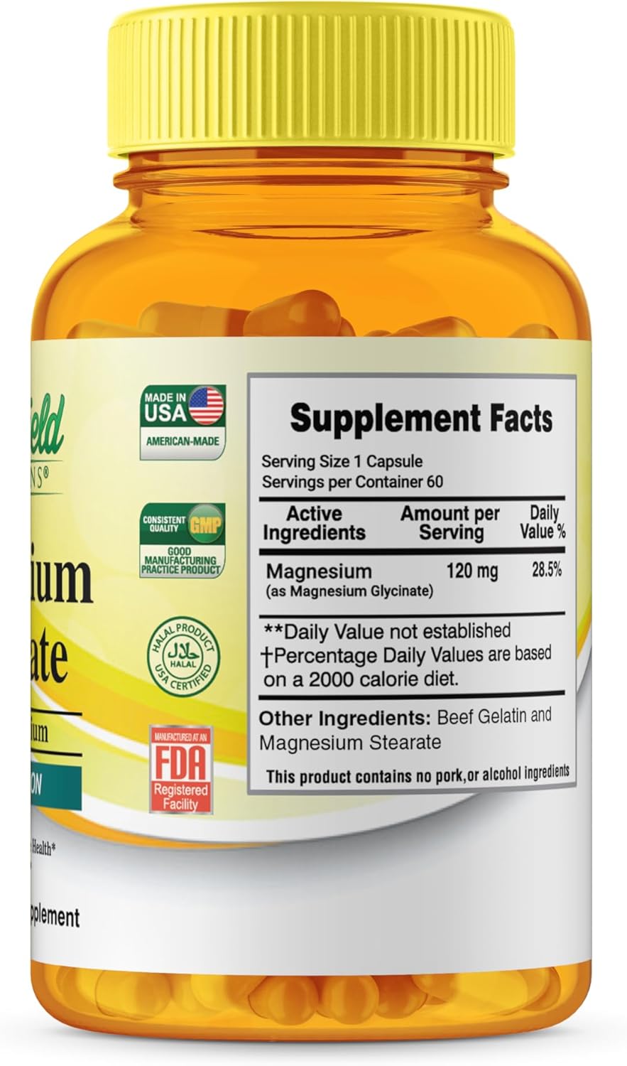 Halal Magnesium Glycinate Capsules - 120mg Pure Supplement for Nerve, Heart, Bones & Muscles - Gluten Free - Greenfield Nutritions