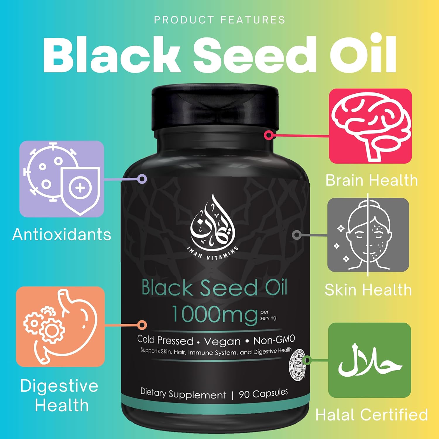 Halal Natural Black Seed Oil Capsules 1000mg Cold Pressed - Vegan & Gluten Free - 90 Count Non-GMO Nigella Sativa Supplement