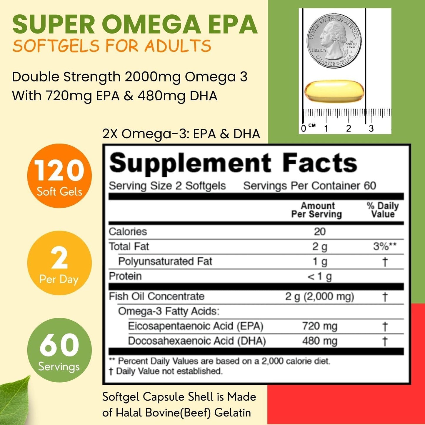 Halal Omega 3 Fish Oil Softgels - Double Strength, 120 Ct, Wild Caught & Non-GMO Fish Oil Supplements