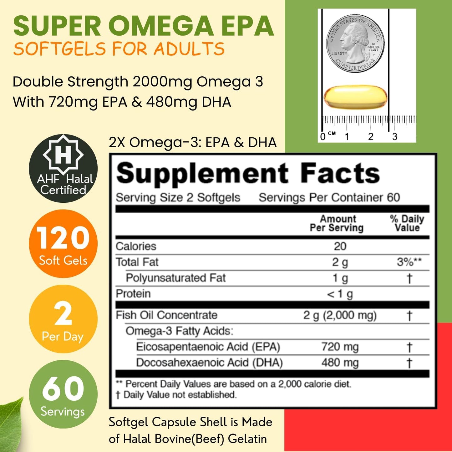 Halal Omega 3 Fish Oil Softgels - Double Strength, 120 Ct, Wild Caught & Non-GMO Fish Oil Supplements