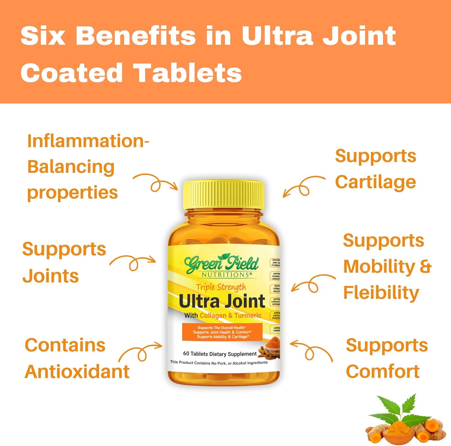 Halal Ultra Joint Vitamins with Glucosamine, Chondroitin, MSM, Turmeric, Collagen, Vitamin C, Manganese - 60 Tablets