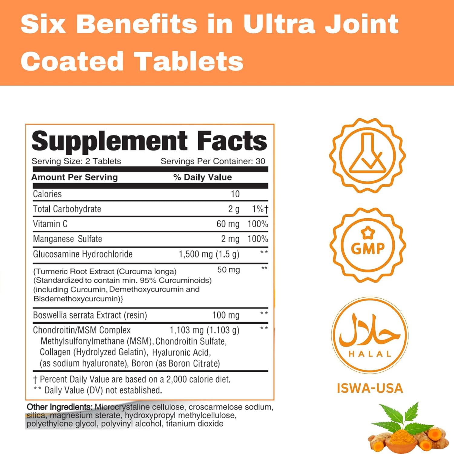 Halal Ultra Joint Vitamins with Glucosamine, Chondroitin, MSM, Turmeric, Collagen, Vitamin C, Manganese - 60 Tablets