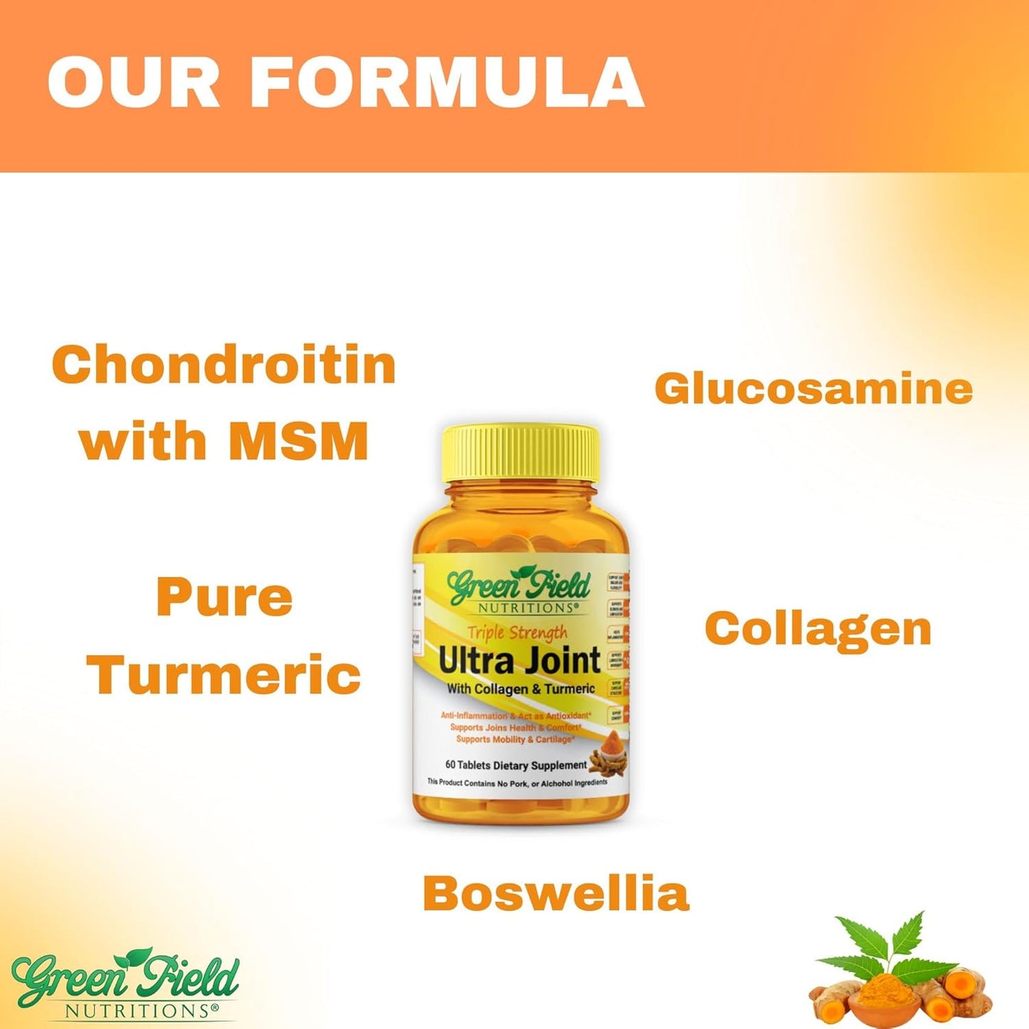 Halal Ultra Joint Vitamins with Glucosamine, Chondroitin, MSM, Turmeric, Collagen, Vitamin C, Manganese - 60 Tablets