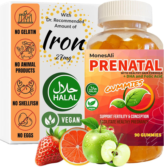 Halal Vegan Prenatal Vitamins Gummies with Iron, DHA, Folate, and Folic Acid - 90 Count
