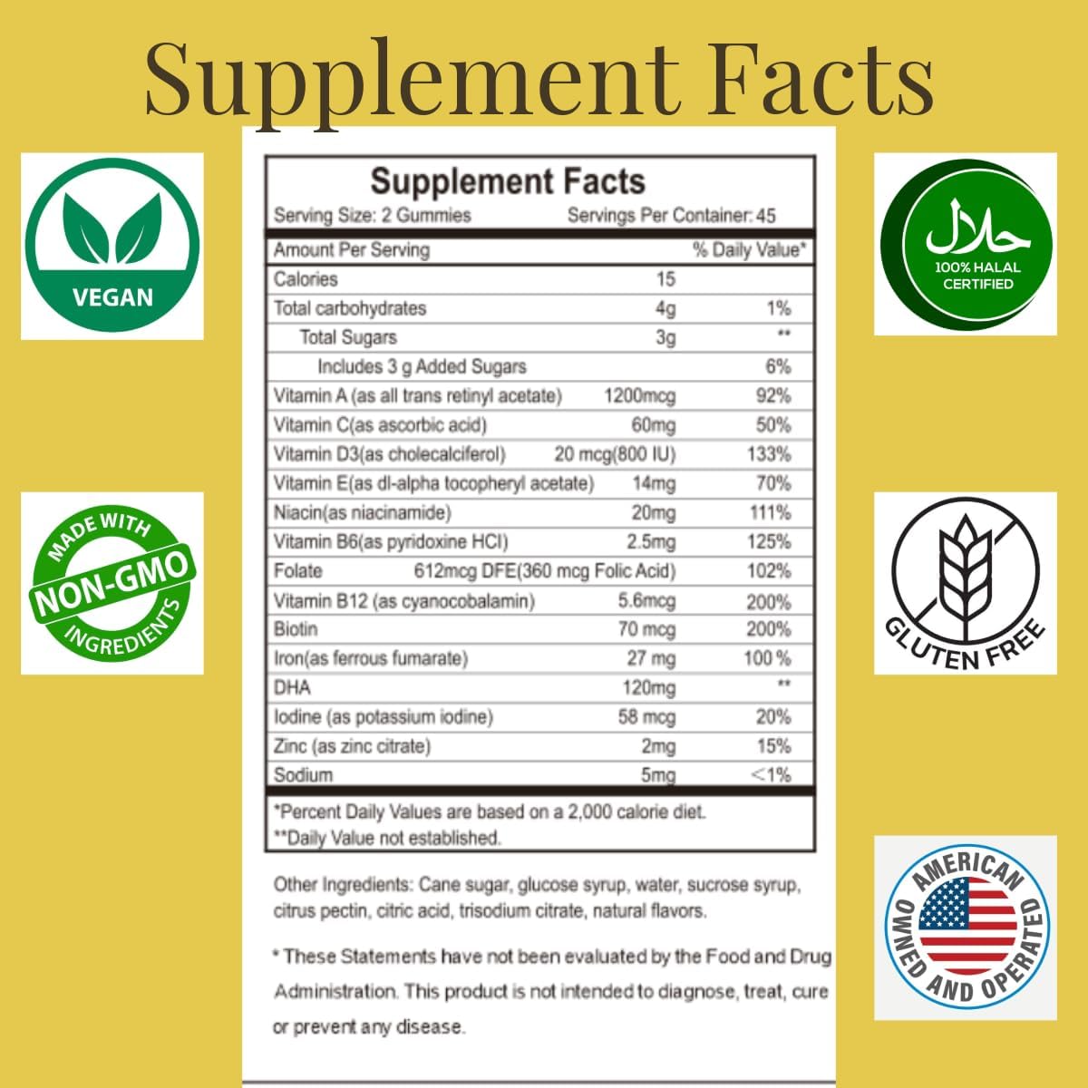 Halal Vegan Prenatal Vitamins Gummies with Iron, DHA, Folate, and Folic Acid - 90 Count