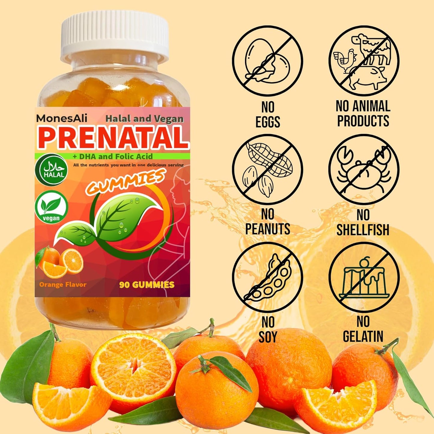 Halal Vegan Prenatal Vitamins Gummies with Iron, DHA, Folate, and Folic Acid - 90 Count