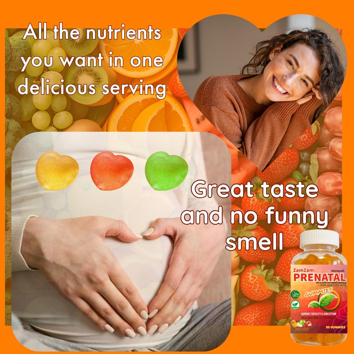 Halal Vegan Prenatal Vitamins Gummies with Iron, DHA, Folate, and Folic Acid - 90 Count