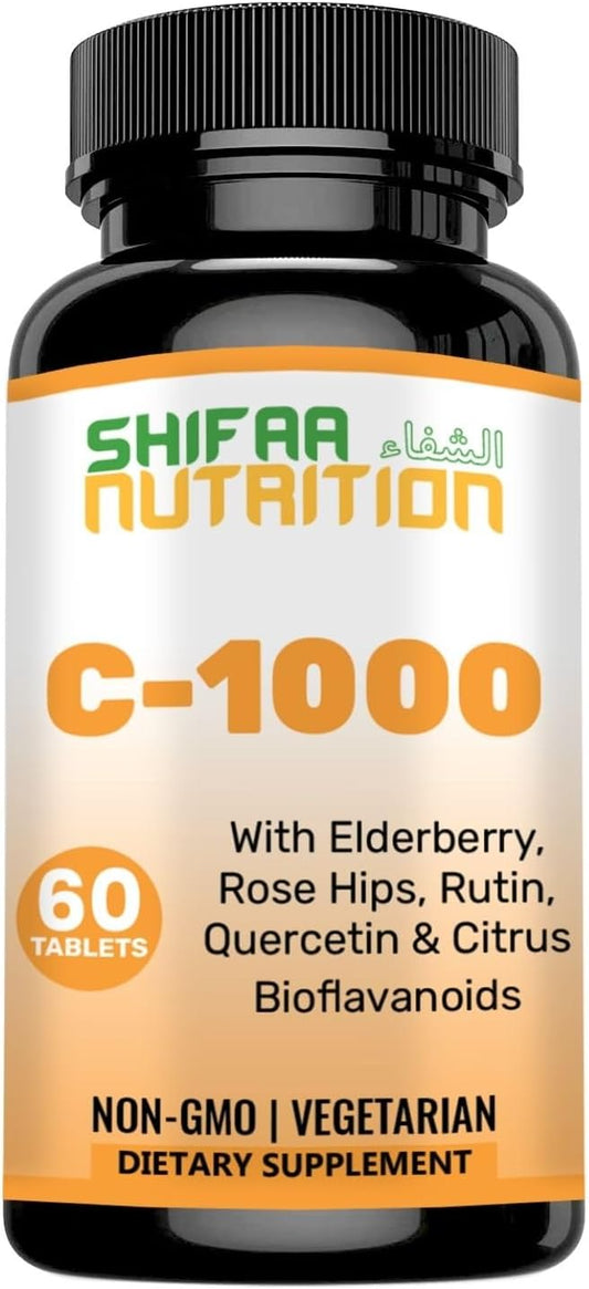 Halal Vitamin C-1000mg Tablets for Immune Support - 60 Days Supply with Elderberry, Quercetin, Rose HIPS & Rutin - Vegetarian, Non-GMO, Sugar Free & Keto Friendly