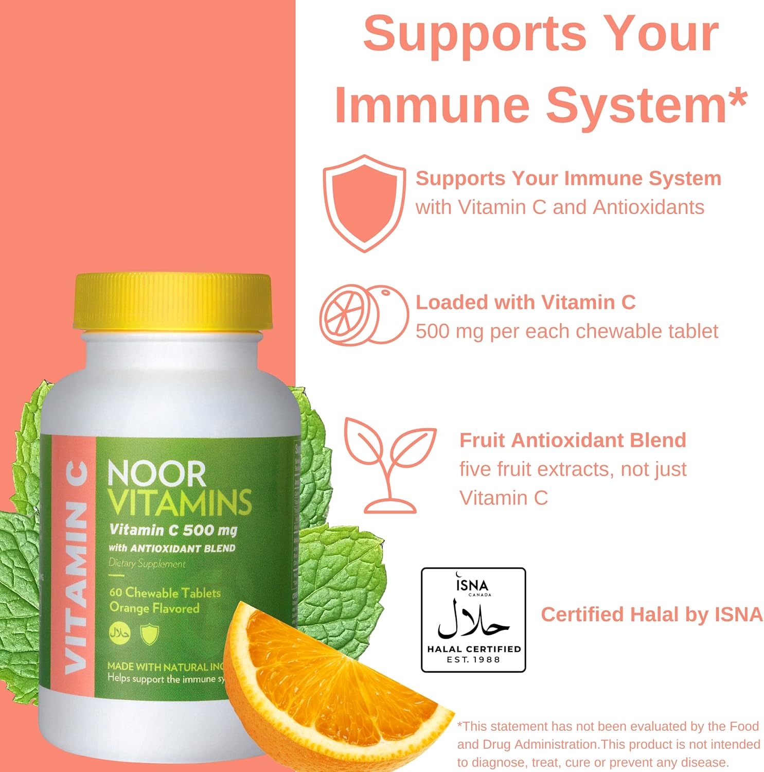 Halal Vitamin C Chewable Tablets with Rose HIPS and Antioxidants - Immune Support - 60 Orange Flavored Tablets - Vegan & Gluten Free - 2 Month Supply