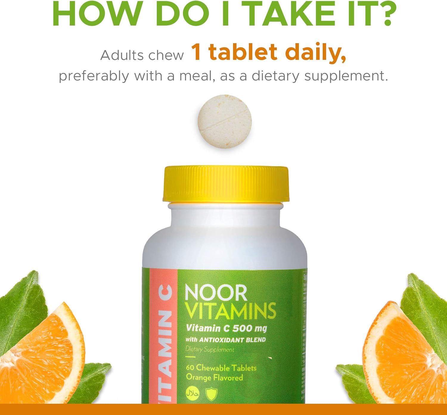 Halal Vitamin C Chewable Tablets with Rose HIPS and Antioxidants - Immune Support - 60 Orange Flavored Tablets - Vegan & Gluten Free - 2 Month Supply