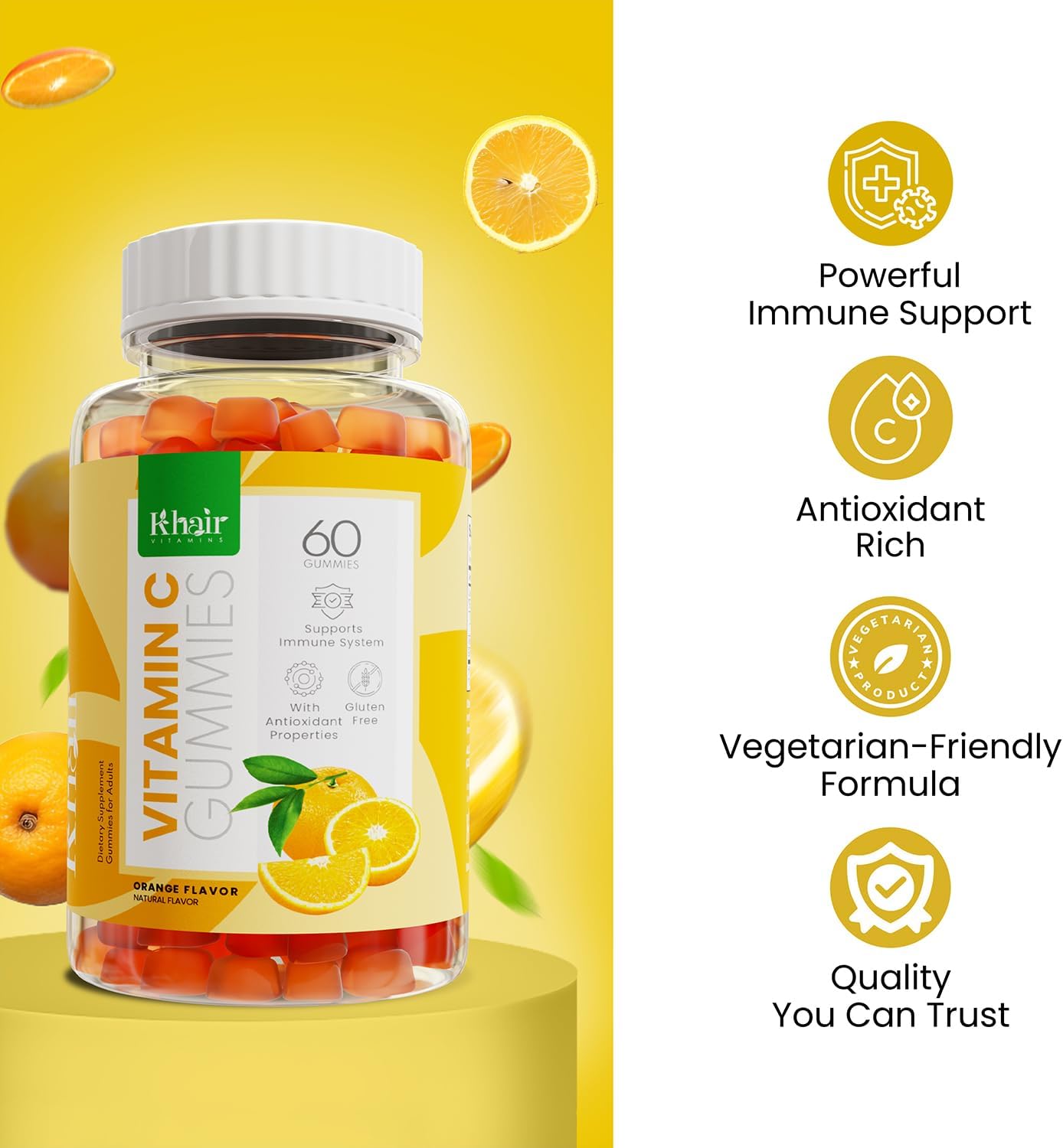 Halal Vitamin C Gummies - Non GMO, Gluten-Free, Gelatin-Free - Immune Support for Adults & Kids - 60 Delicious Halal Gummies