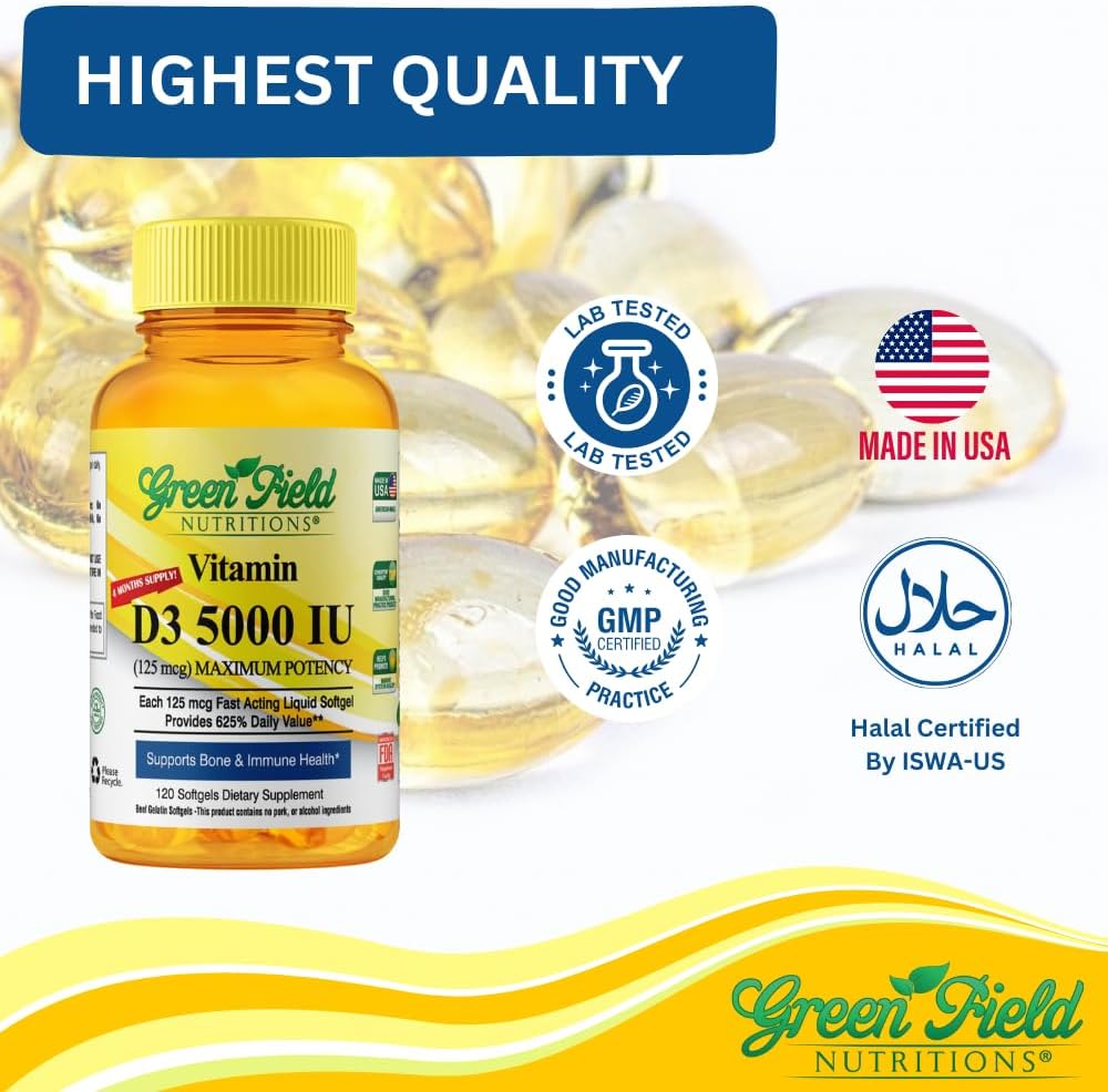 Halal Vitamin D3 5000 IU Softgel - High Potency Halal Vitamins for Immune Bone Health - 120 Unflavored Softgels