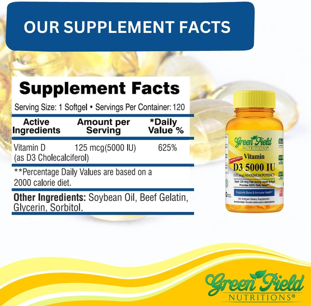 Halal Vitamin D3 5000 IU Softgel - High Potency Halal Vitamins for Immune Bone Health - 120 Unflavored Softgels