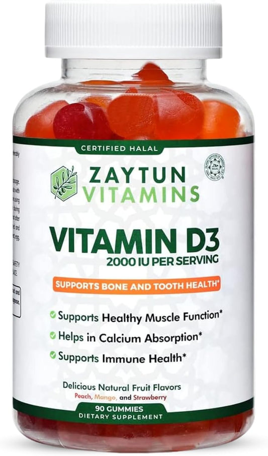 Halal Vitamin D3 Gummies 2000 IU for Bone, Immune Health & Muscle Function - 90 Fruit Flavored Gummies USA Made by Zaytun Vitamins