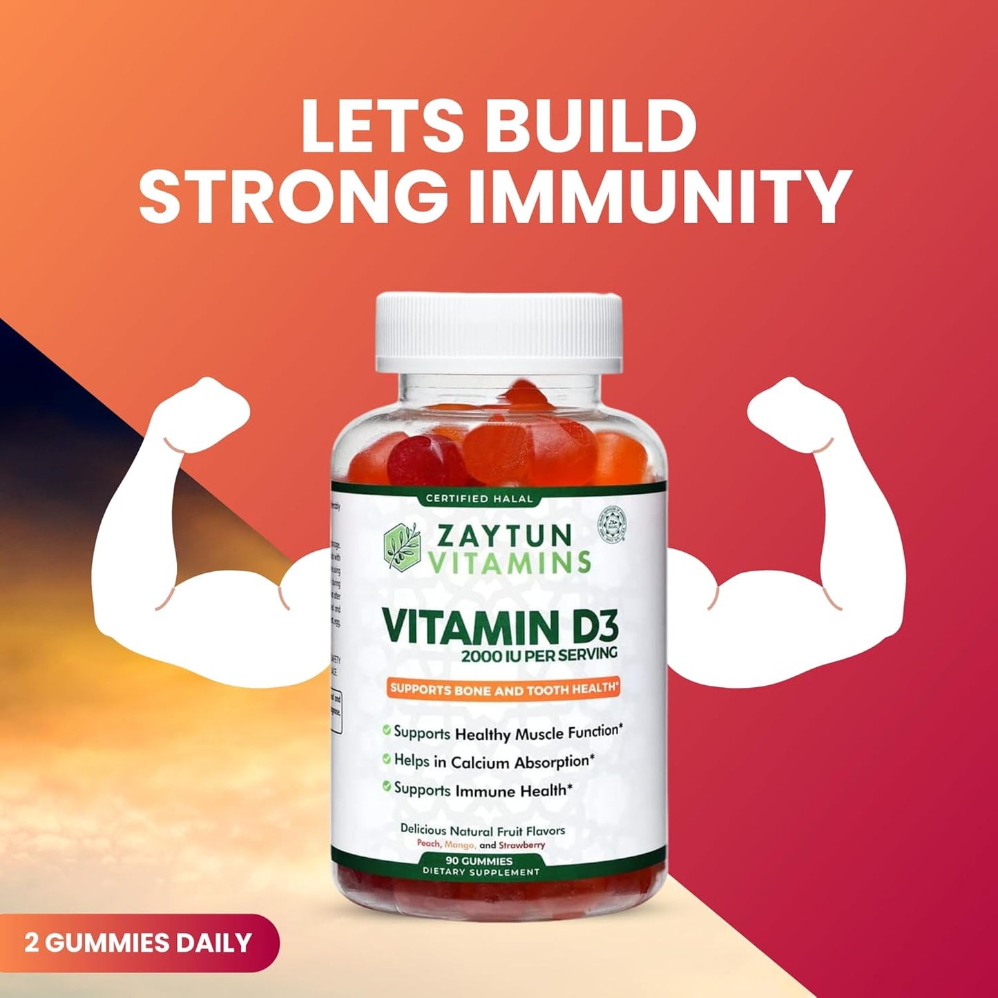 Halal Vitamin D3 Gummies 2000 IU for Bone, Immune Health & Muscle Function - 90 Fruit Flavored Gummies USA Made by Zaytun Vitamins