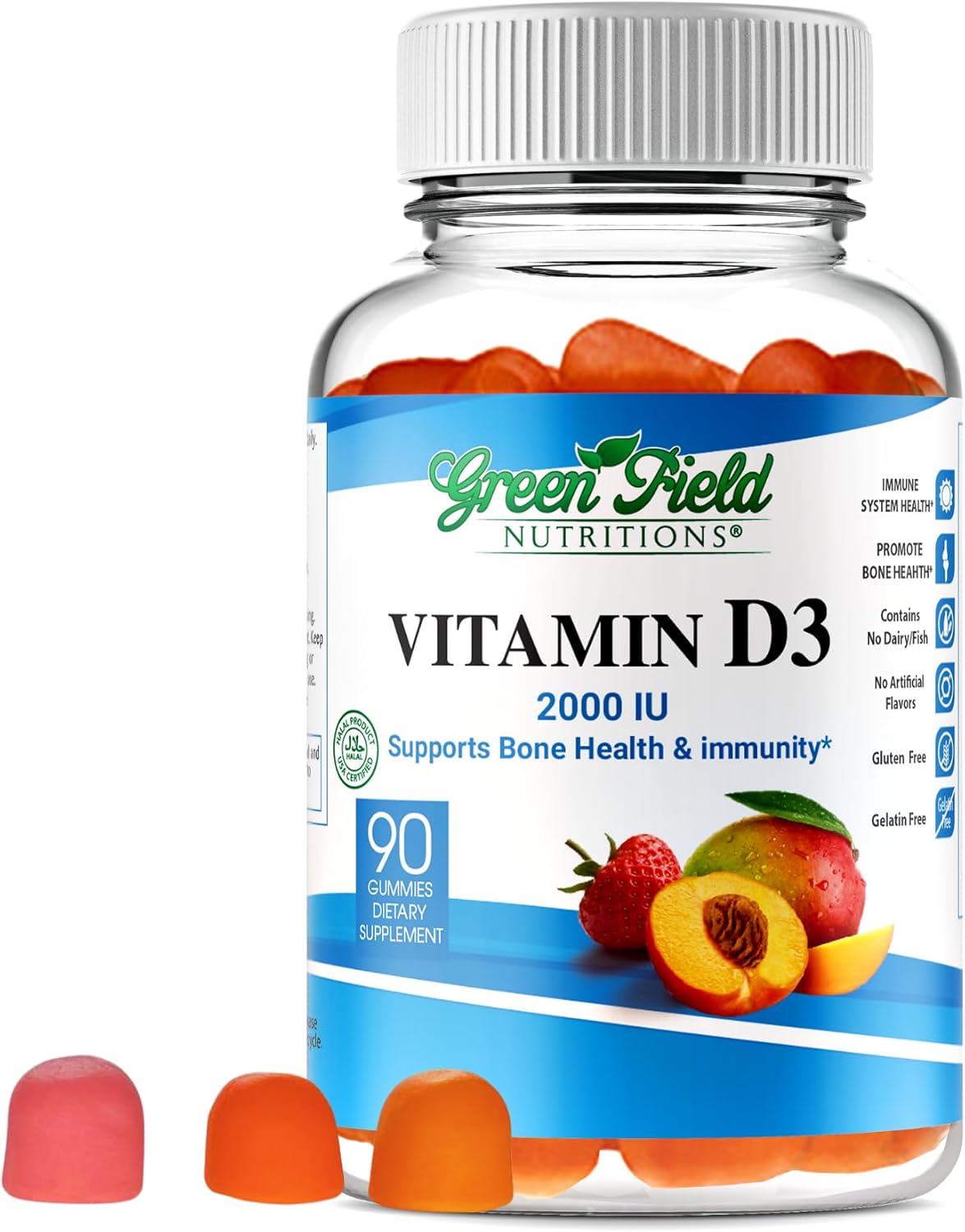 Halal Vitamin D3 Gummies for Adults - 2000 IU (50 mcg), 90 Gummy Halal Vitamins for Bone, Heart & Immune Health
