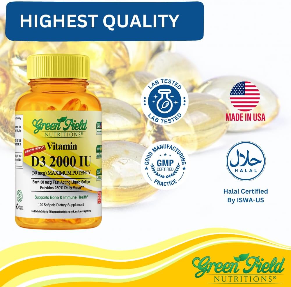 Halal Vitamin D3 Softgels - High Potency 2000 IU, 120 Unflavored Mini Softgels, Halal Beef Gelatin, Immune Support