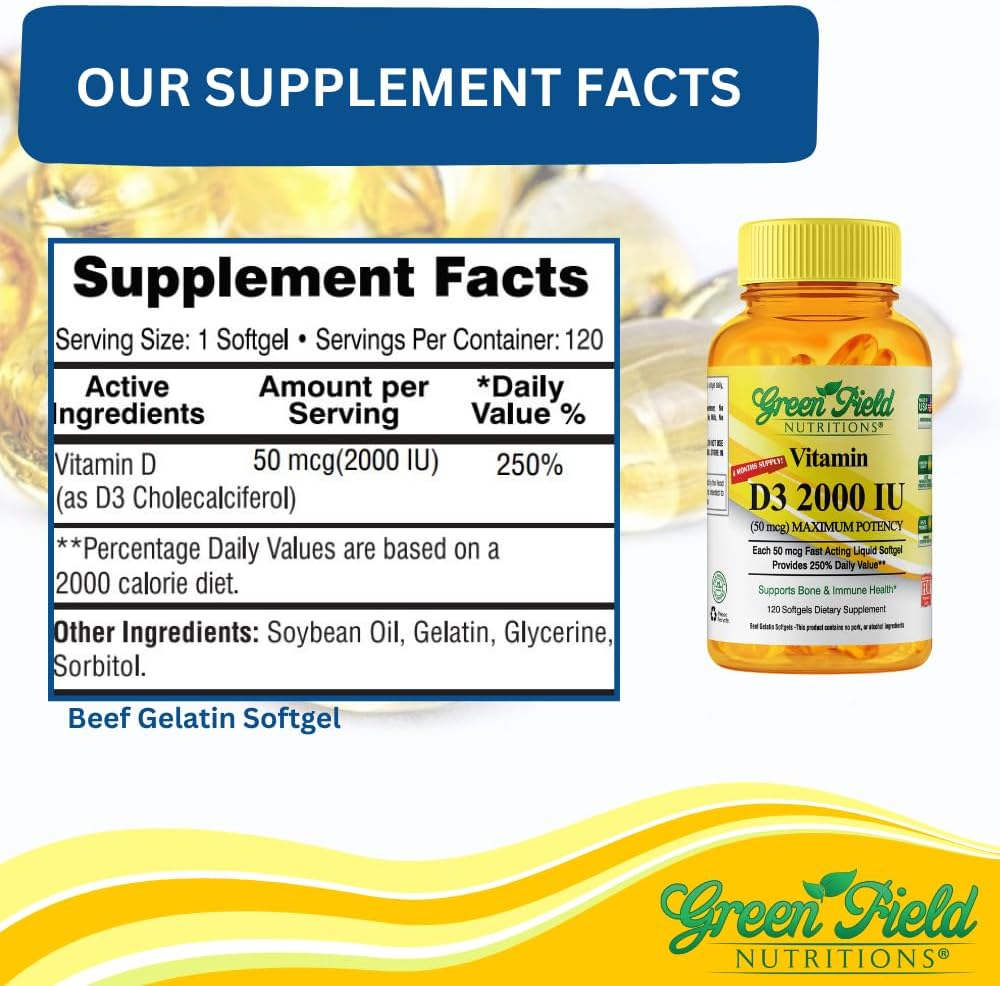 Halal Vitamin D3 Softgels - High Potency 2000 IU, 120 Unflavored Mini Softgels, Halal Beef Gelatin, Immune Support