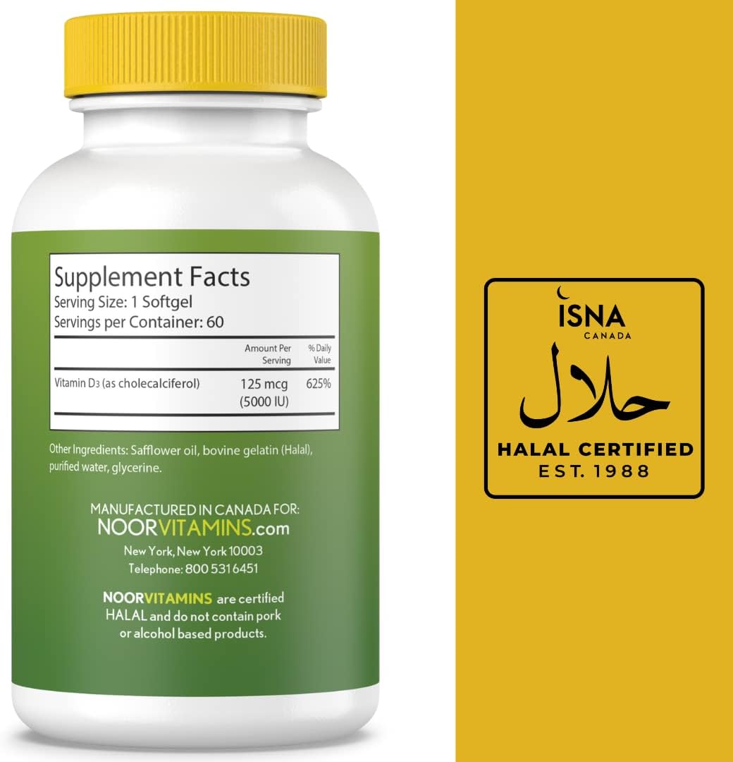 Halal Vitamin D3 Softgels 5000 IU for Bone, Immune & Heart Health - Non-GMO & Gluten Free (60 Count)
