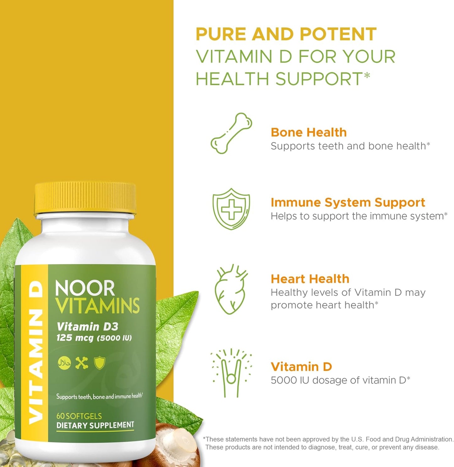 Halal Vitamin D3 Softgels 5000 IU for Bone, Immune & Heart Health - Non-GMO & Gluten Free (60 Count)