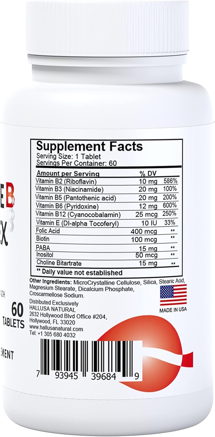Hallusa Natural Balance Vitamin B Complex Supplement for Energy and Brain Function - Includes Vitamin B2, B3, B5, B6, B12 - 60 Day Supply