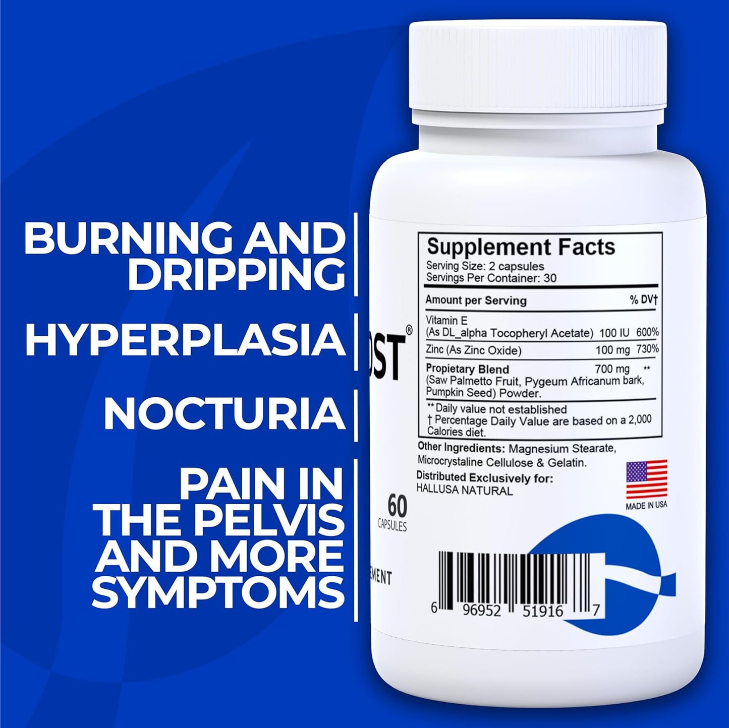 Hallusa Natural Prostate Inflammation Supplement - Prostatitis Relief - Prostate Pills - HALLPROST 60 Capsules