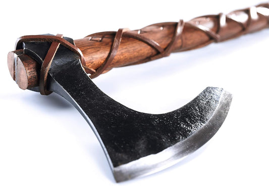 Handcrafted Norse Viking Axe with Carbon Steel Head - 2-Handed Design, Teakwood Shaft, Engraved Runes - Includes Wall Mount Hooks - The Skeggøx