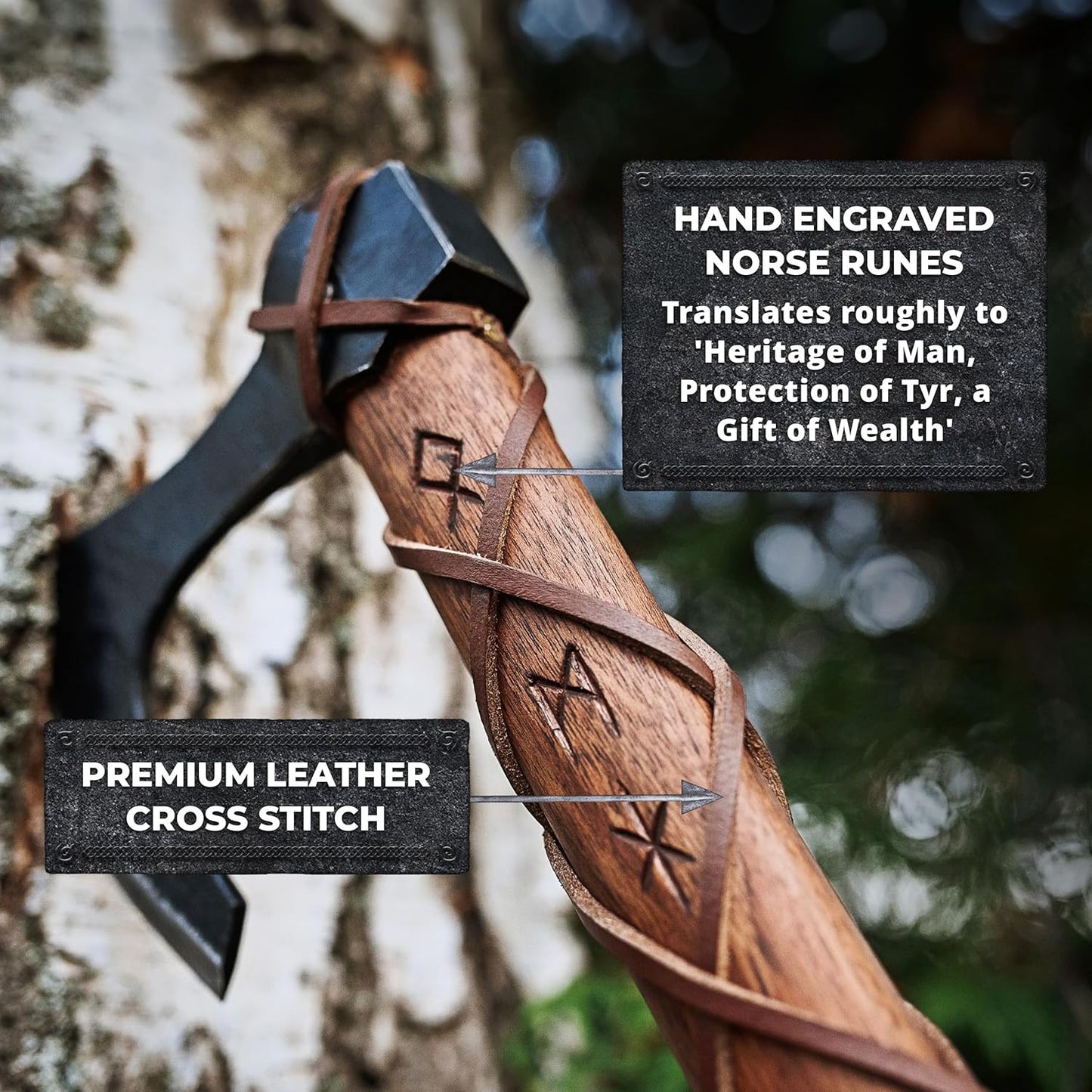 Handcrafted Norse Viking Axe with Carbon Steel Head - 2-Handed Design, Teakwood Shaft, Engraved Runes - Includes Wall Mount Hooks - The Skeggøx