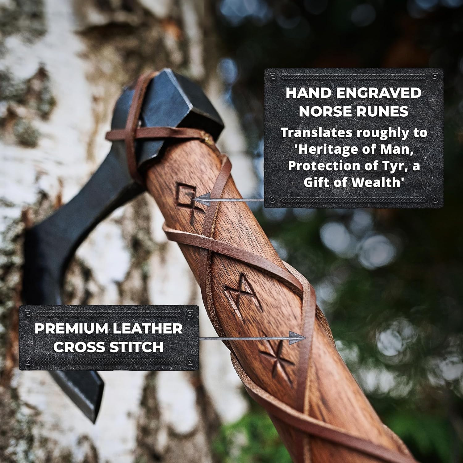 Handcrafted Norse Viking Axe with Carbon Steel Head - 2-Handed Design, Teakwood Shaft, Engraved Runes - Includes Wall Mount Hooks - The Skeggøx