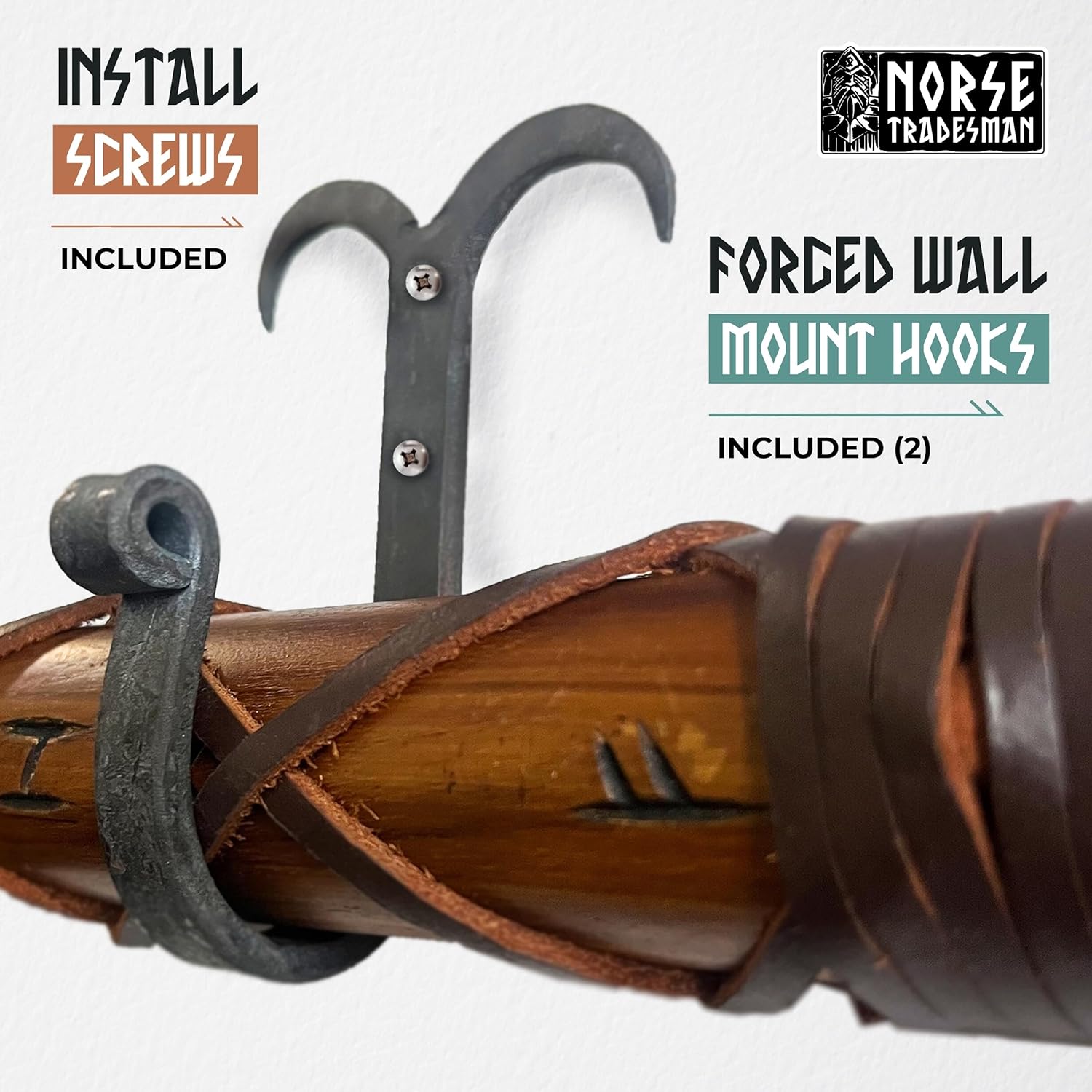 Handcrafted Norse Viking Axe with Carbon Steel Head - 2-Handed Design, Teakwood Shaft, Engraved Runes - Includes Wall Mount Hooks - The Skeggøx