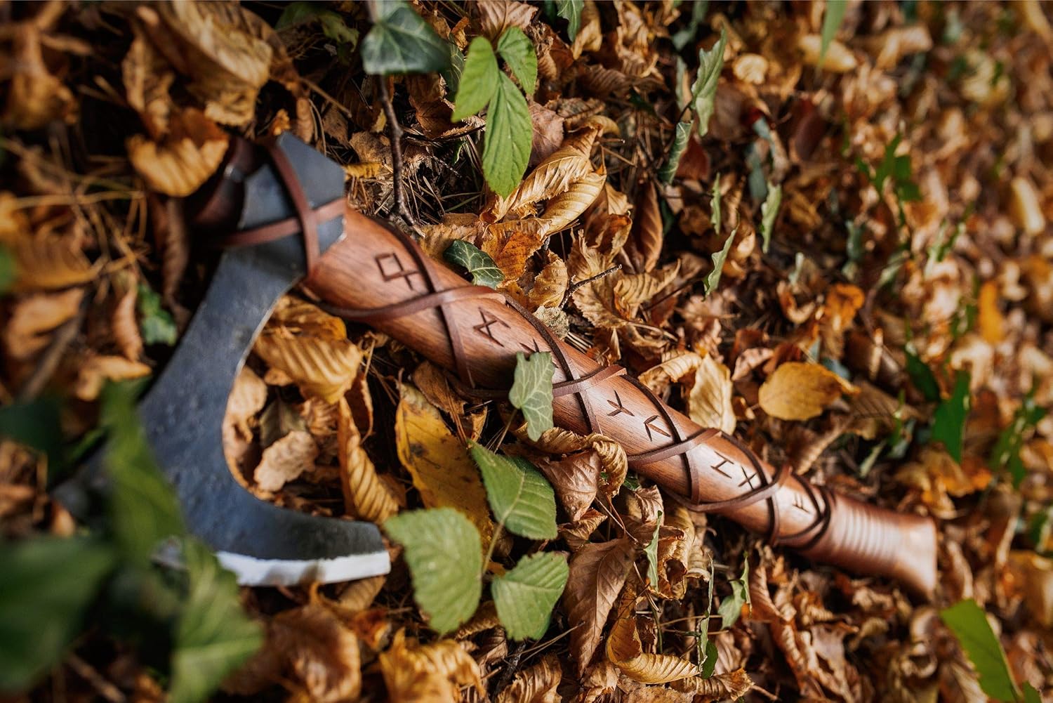 Handcrafted Norse Viking Axe with Carbon Steel Head - 2-Handed Design, Teakwood Shaft, Engraved Runes - Includes Wall Mount Hooks - The Skeggøx