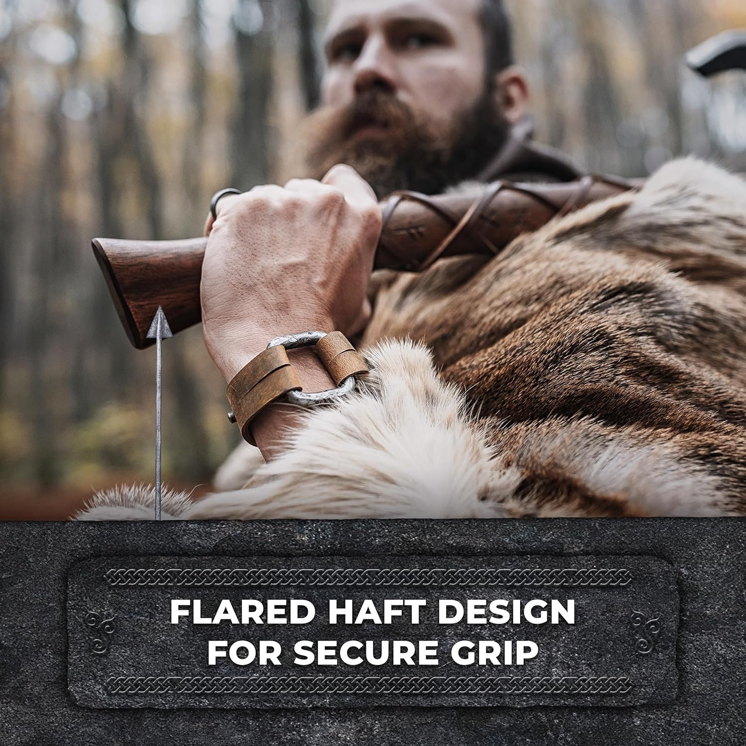 Handcrafted Norse Viking Axe with Carbon Steel Head - 2-Handed Design, Teakwood Shaft, Engraved Runes - Includes Wall Mount Hooks - The Skeggøx