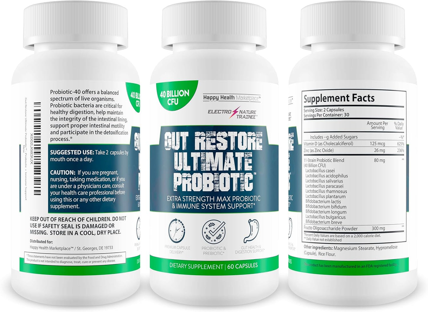 Happy Health Marketplace Gut Restore Ultimate Probiotic - Natural Immune & Blood Health Support for Improved Energy & Mood.