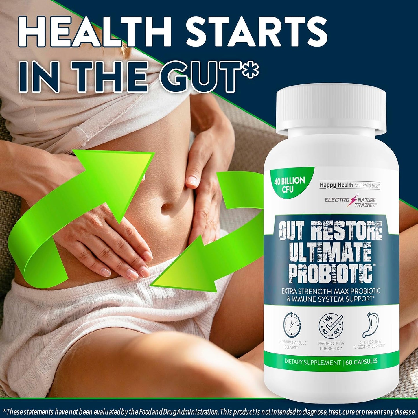 Happy Health Marketplace Gut Restore Ultimate Probiotic - Natural Immune & Blood Health Support for Improved Energy & Mood.
