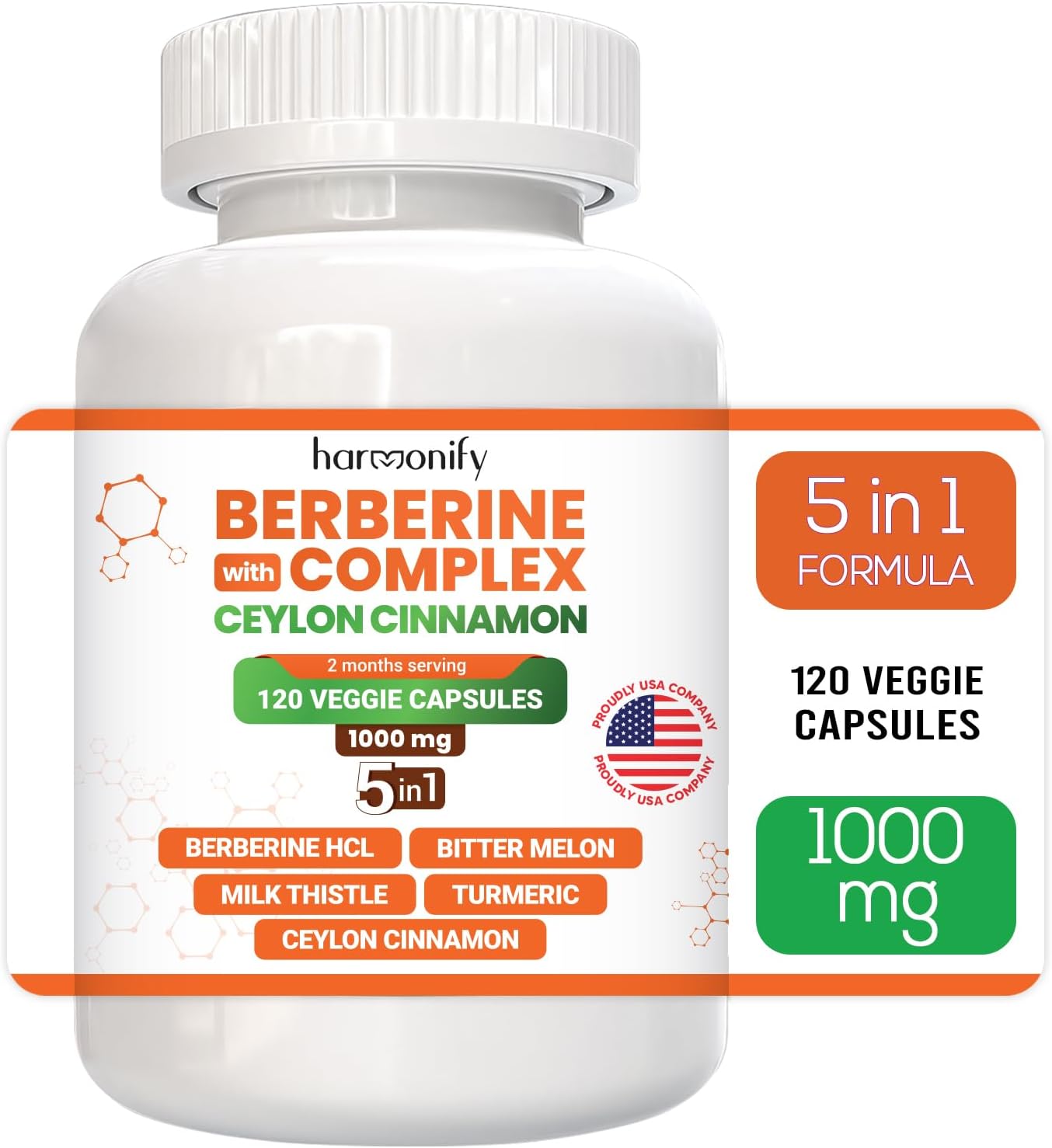 HARMONIFY Berberine Supplement with Ceylon Cinnamon, Milk Thistle, Turmeric, Bitter Melon - Immune Support - 60 Capsules, 1000 mg - Vegan & Non-GMO