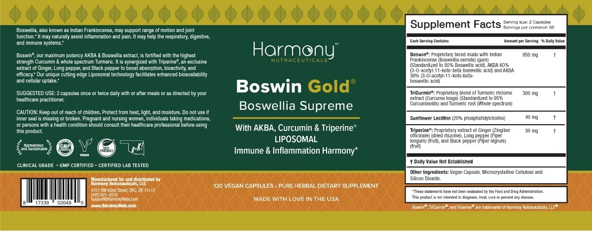 Harmony Nutraceuticals Boswin Gold Liposomal - Clinical Grade Synergized with Turmeric & Triperine for Maximum Bioactivity